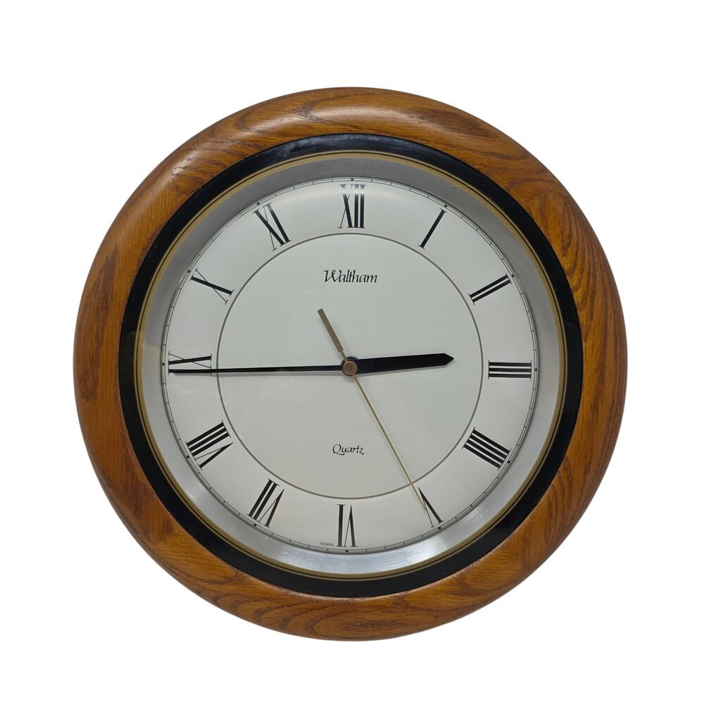 Vintage Waltham Quartz Wall Clock Oak Frame Roman Numerals Glass Lens